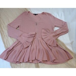 Boston Proper Womens Pink Ribbed/Ruffled Long Sleeve Zip Front Cardigan Size L